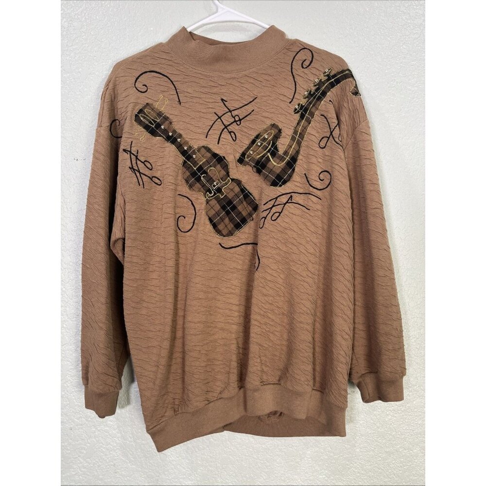 Donna Toran Vtg Sweatshirt Women XL Tan Music Applique Mock Neck Retro Art Kitch